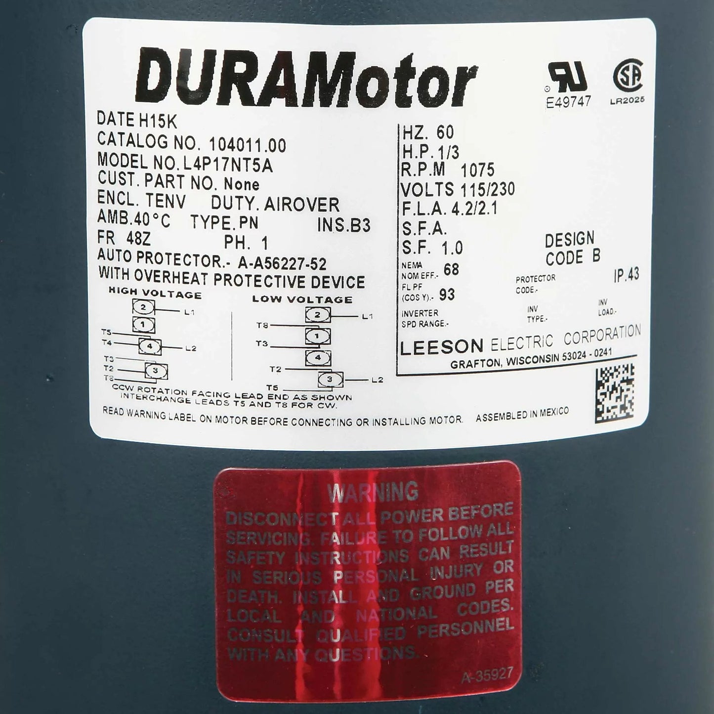 DURAMotor® Band - Mount 1/3 HP Fan Motor - 1,075 RPM - QC Supply -