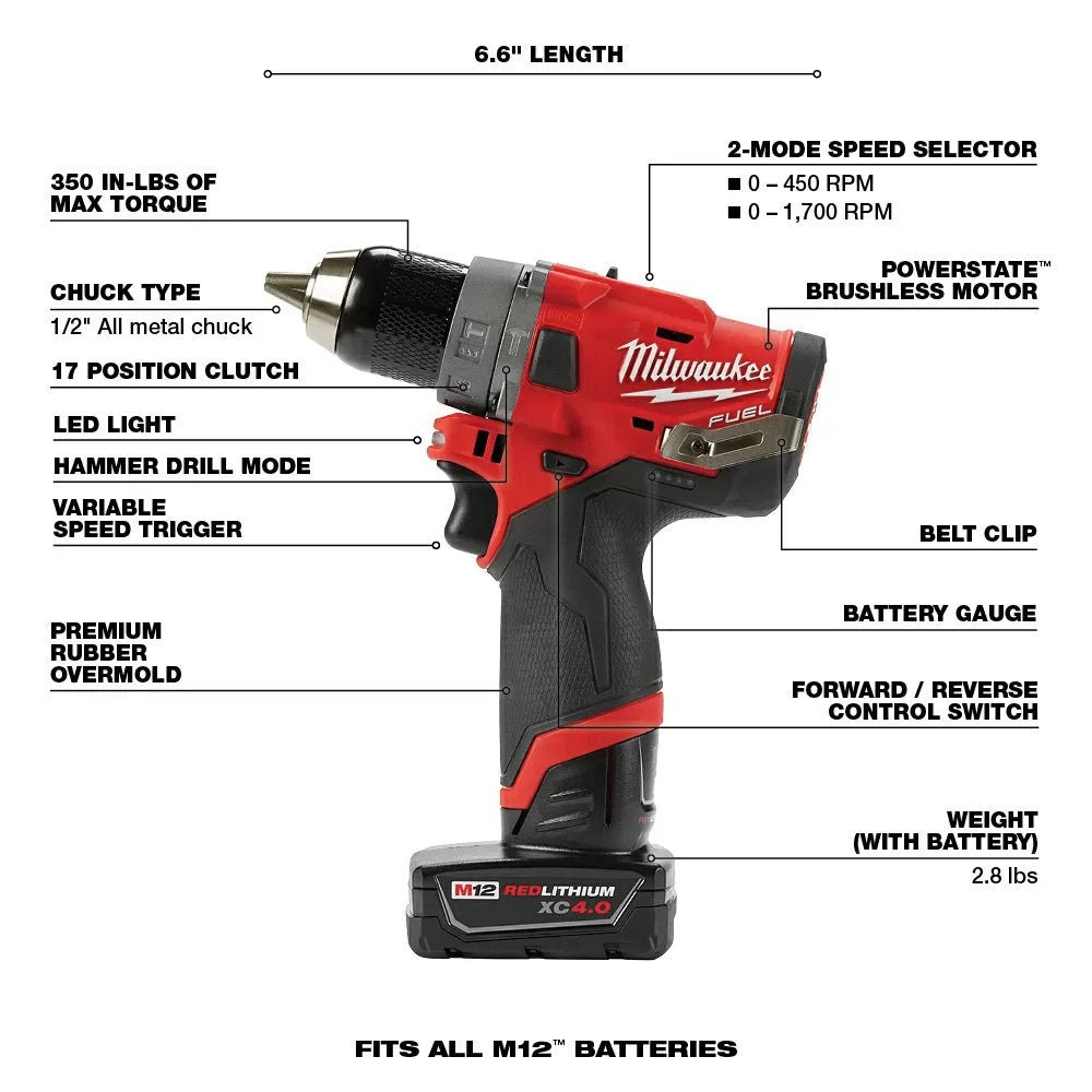 Milwaukee® Tool M12 FUEL™ 2 - Tool Combo Kit - 1/2" Hammer Drill & 1/4" Hex Impact Driver - QC Supply -