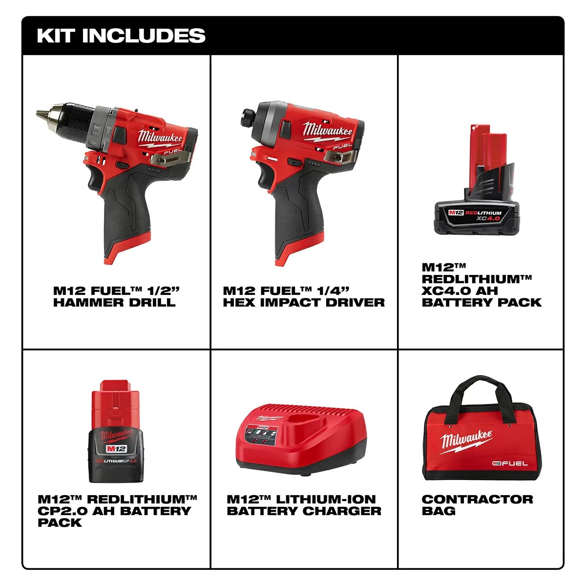 Milwaukee® Tool M12 FUEL™ 2 - Tool Combo Kit - 1/2" Hammer Drill & 1/4" Hex Impact Driver - QC Supply -