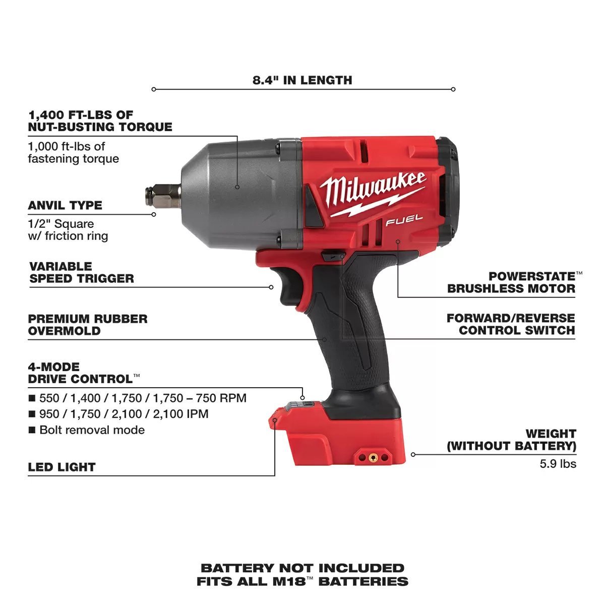 Milwaukee® Tool M18 FUEL™ 1/2" High - Torque Impact Wrench w/Friction Ring - Tool ONLY - QC Supply -