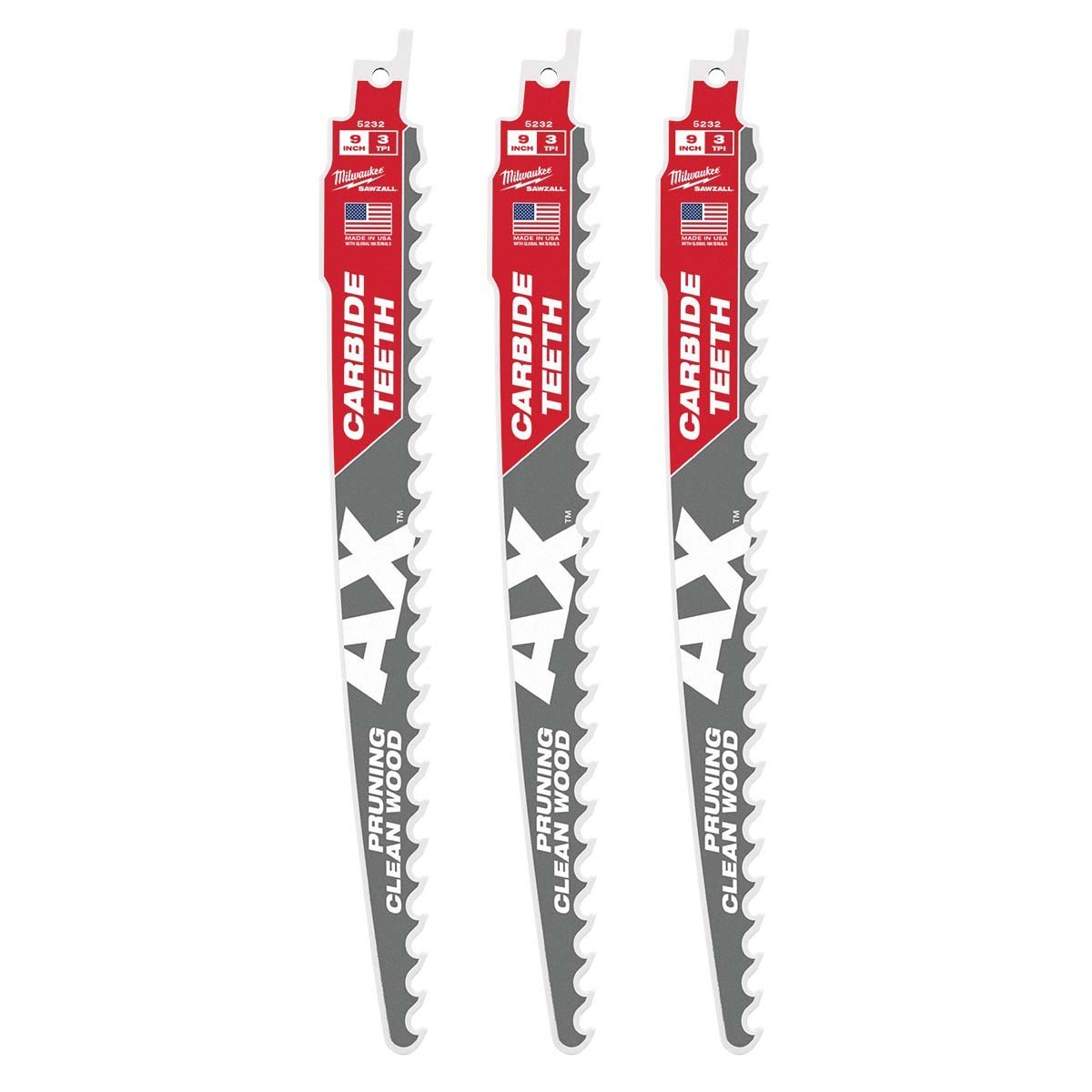 Milwaukee Tool The AX™ With Carbide Teeth for Pruning & Clean Wood SAWZALL® - 9" 3 TPI Blade - 3 Pack - QC Supply -