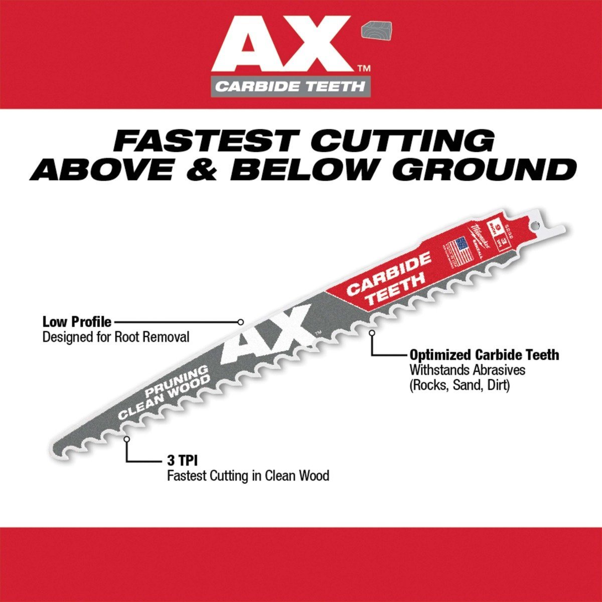 Milwaukee Tool The AX™ With Carbide Teeth for Pruning & Clean Wood SAWZALL® - 9" 3 TPI Blade - 3 Pack - QC Supply -
