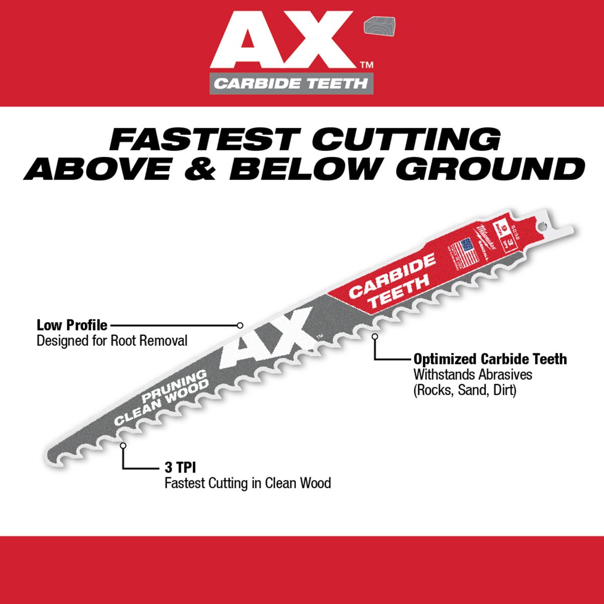 Milwaukee Tool The AX with Carbide Teeth for Pruning & Clean Wood SAWZALL Blades 12" 3 TPI - QC Supply -