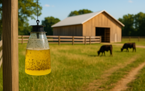 Hanging yellow fly trap in front of a rural barn with grazing livestock