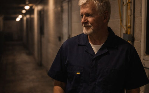 Man wearing Five Rock Short Sleeve Poplin Coverall in barn aisle for farm biosecurity and daily workwear