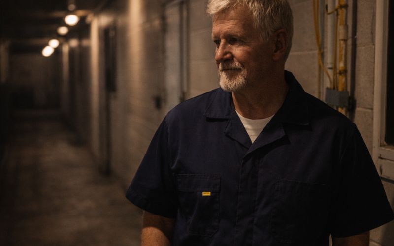 Man wearing Five Rock Short Sleeve Poplin Coverall in barn aisle for farm biosecurity and daily workwear