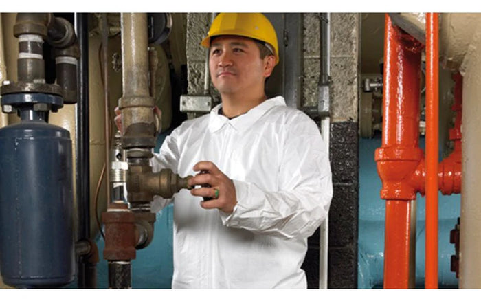 a man wearing disposable clothes