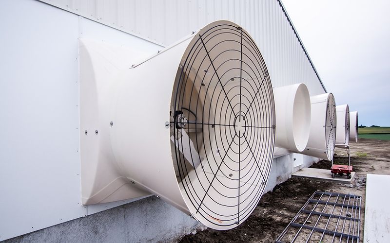 several fans outside a swine barn