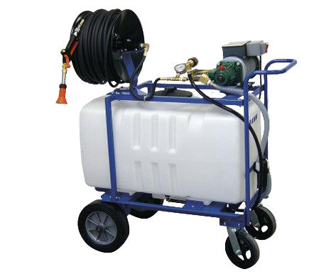 Portable pressure washer with hose reel and tank on a white background