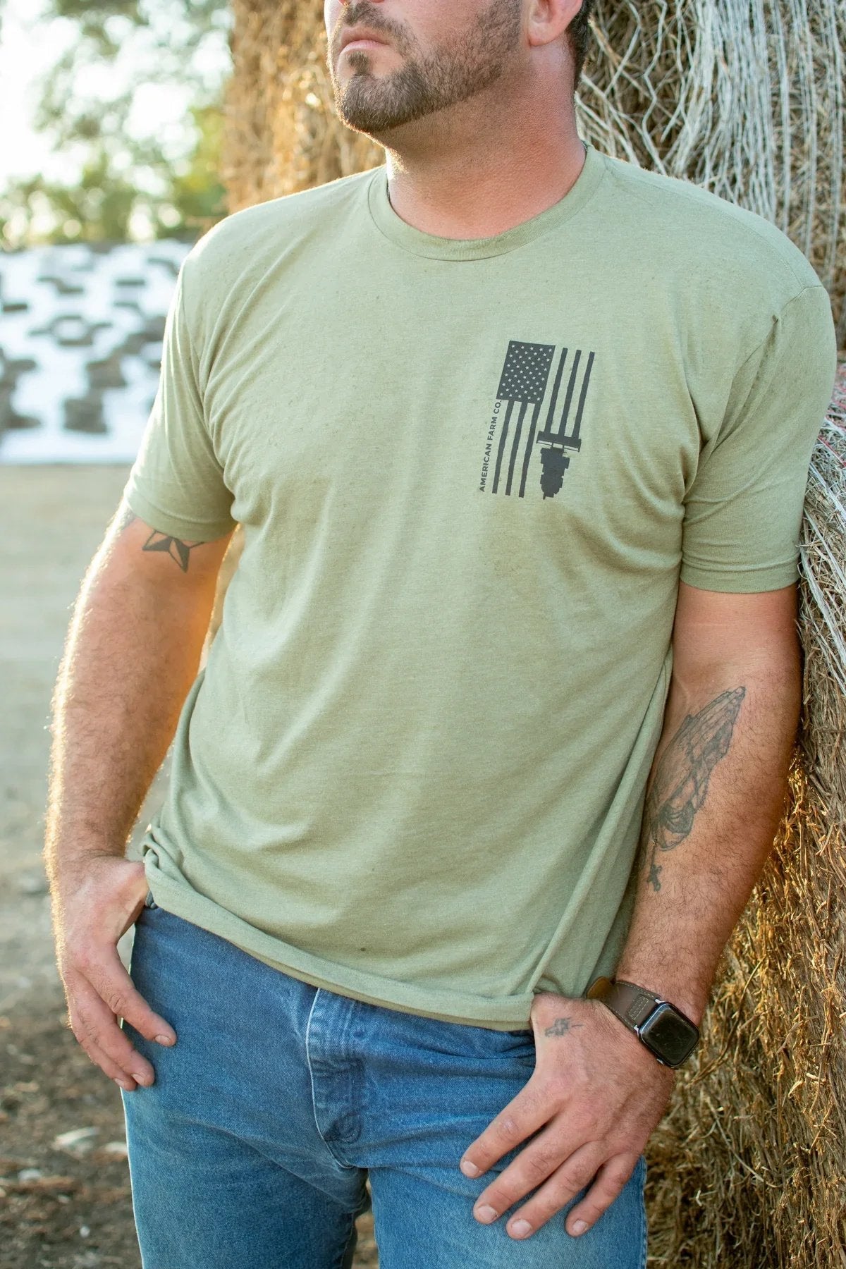 American Farm Co. Harvest Flag Olive Green T-Shirt - QC Supply - 