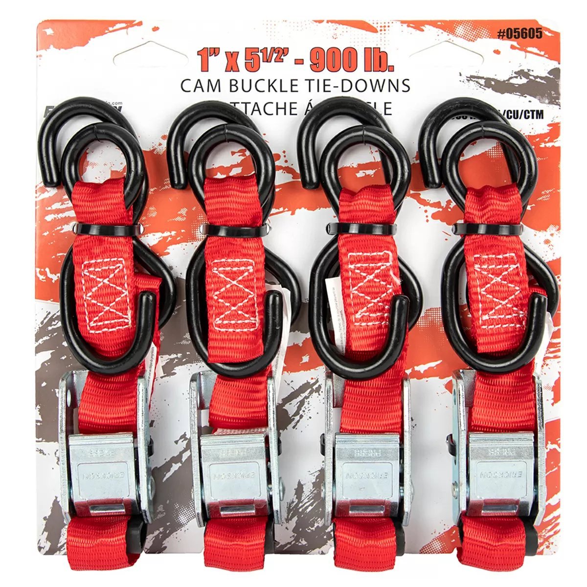 Erickson Manufacturing Cam Buckle Tie - Downs - 4 - pack 1" x 5 1/2' - 900lb - QC Supply - 