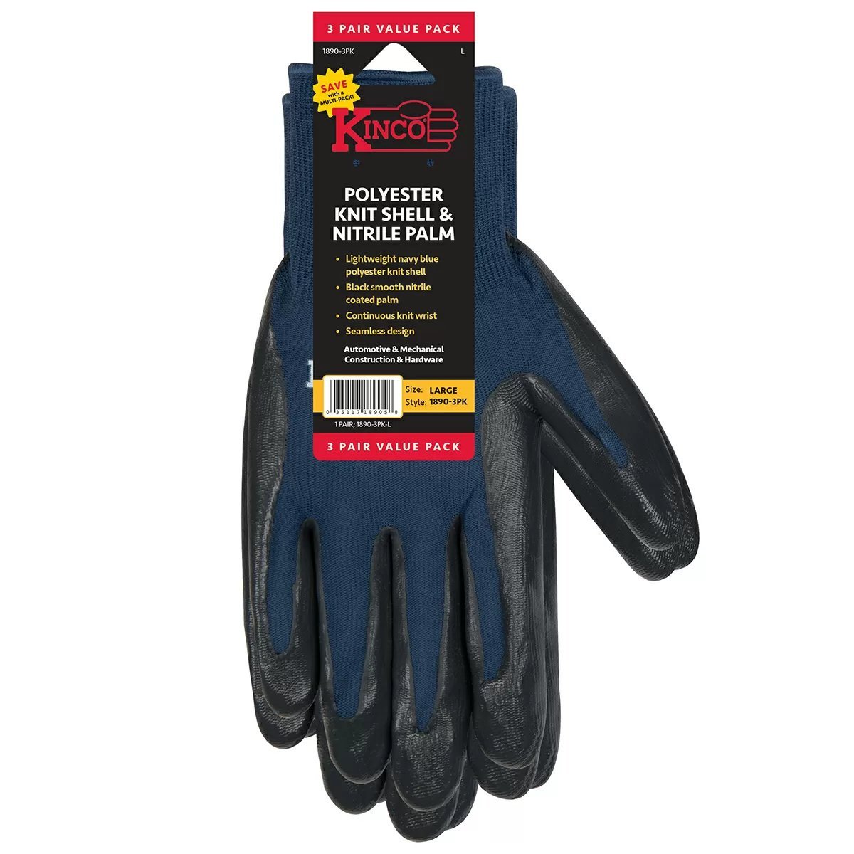 Kinco® Polyester Knit Gloves w/Nitrile Palm - 3 Pack - QC Supply - 