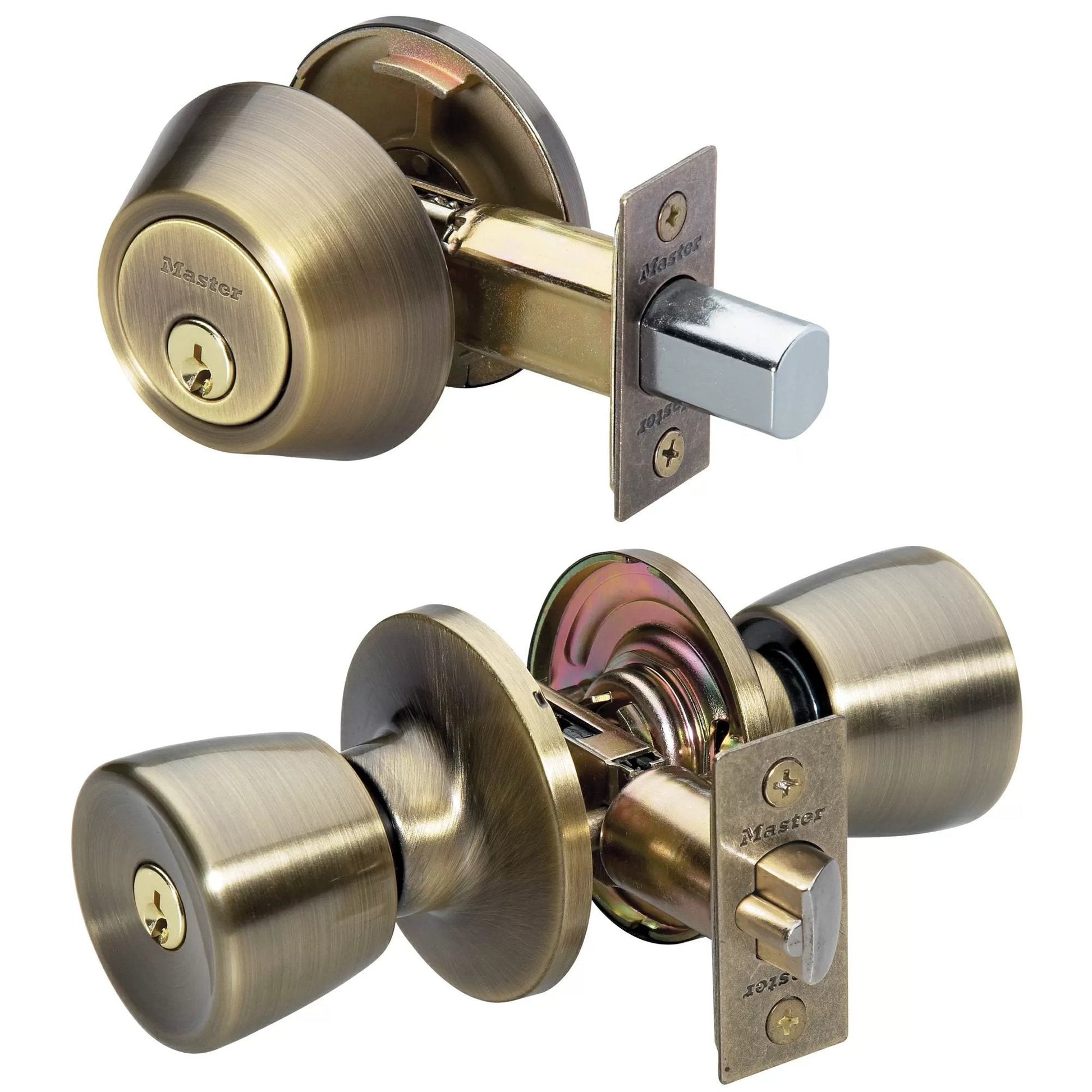 Master Lock® Antique Brass Entry Door Lock w/Single Cylinder Deadbolt - QC Supply - 