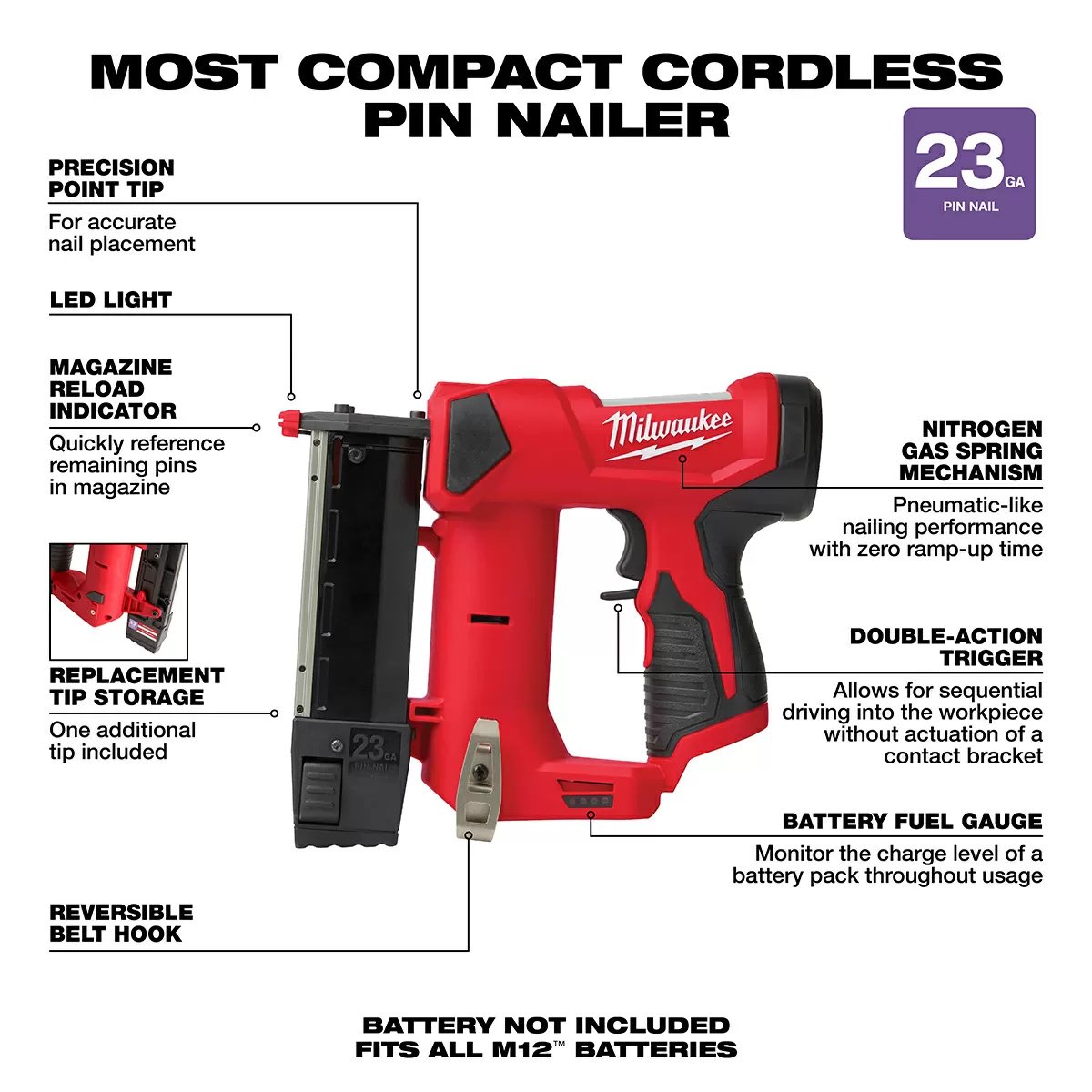 Milwaukee® Tool M12™ 23 - Gauge Pin Nailer - QC Supply - 