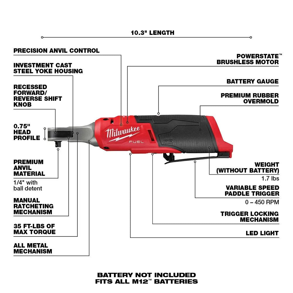 Milwaukee® Tool M12 FUEL™ 1/4" High - Speed Ratchet - Tool ONLY - QC Supply - 