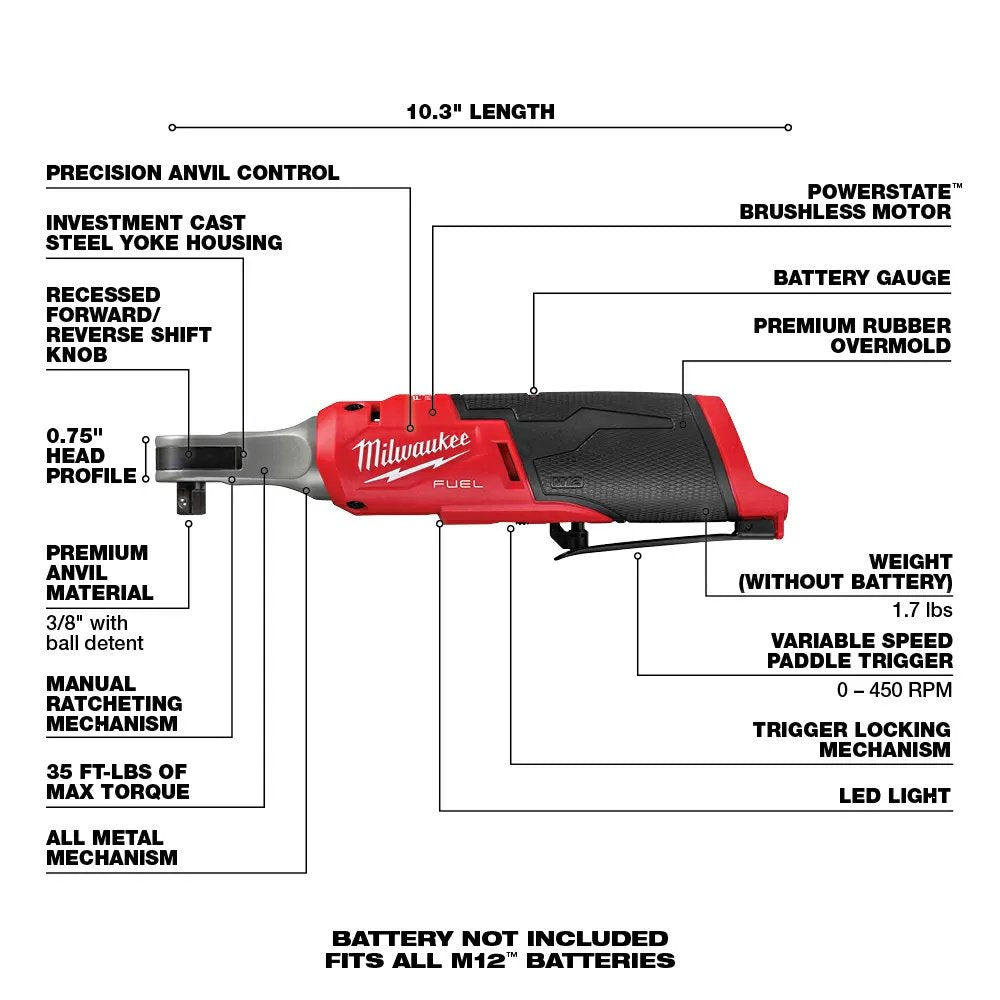 Milwaukee® Tool M12 FUEL™ 3/8" High - Speed Ratchet - Tool ONLY - QC Supply - 
