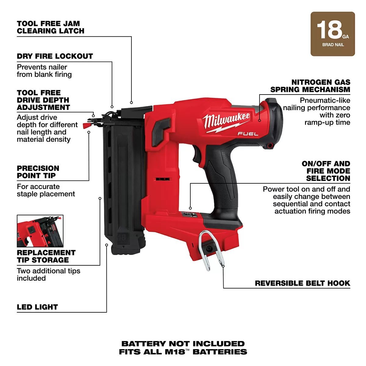 Milwaukee® Tool M18 FUEL™ 18 Gauge Brad Nailer - Tool ONLY - QC Supply - 