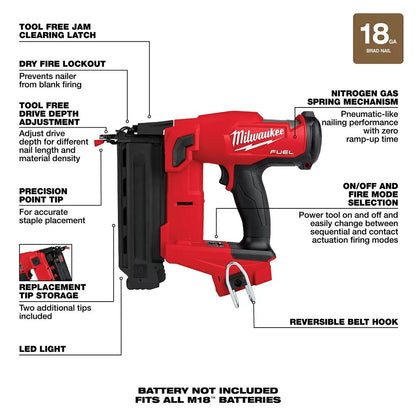 Milwaukee® Tool M18 FUEL™ 18 Gauge Brad Nailer - Tool ONLY - QC Supply - 