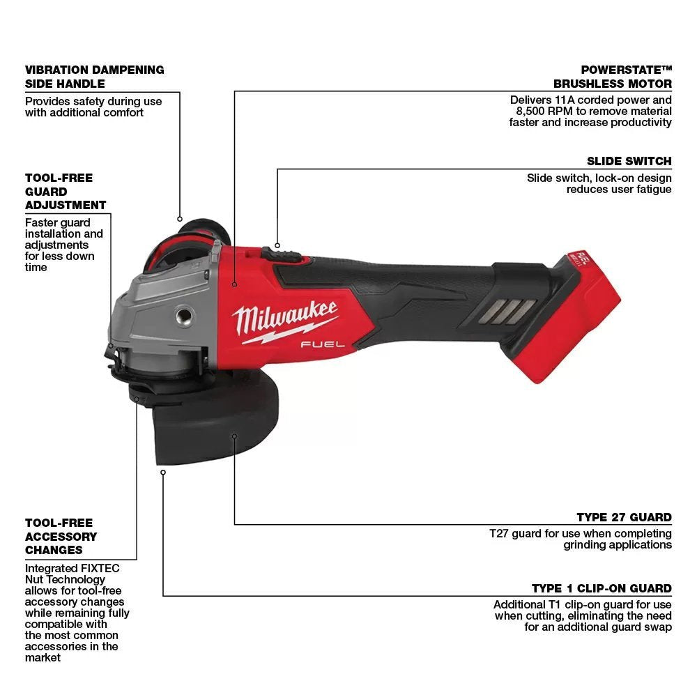 Milwaukee® Tool M18 FUEL™ Grinder Slide Switch, Lock - On - 4 1/2" - 5" - QC Supply - 